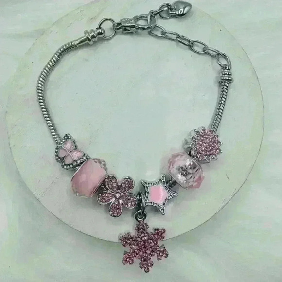 Pink Snowflake & Charms Bracelet with Sparkling Rhinestones - Picture 3 of 6